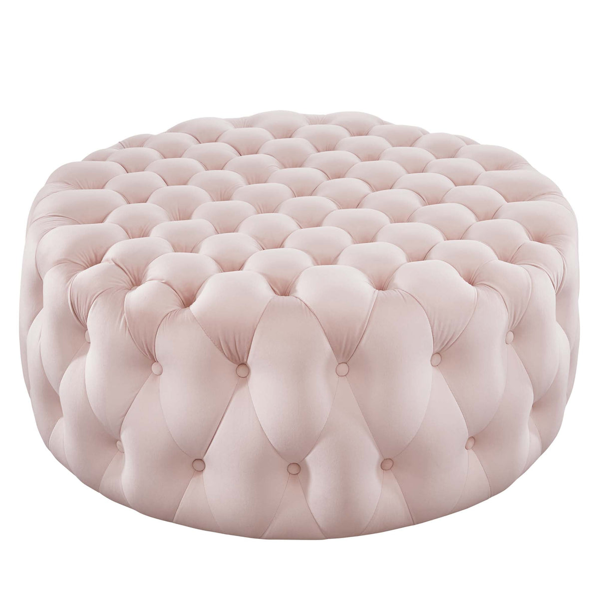 Amour Pink Tufted Button Large Round Performance Velvet Ottoman - Ornate Home