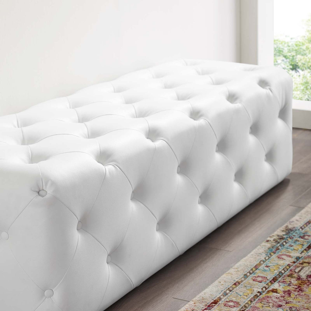 Amour White 60" Tufted Button Entryway Faux Leather Bench - Ornate Home