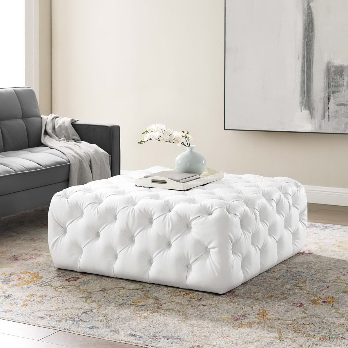 Amour White Tufted Button Large Square Faux Leather Ottoman - Ornate Home
