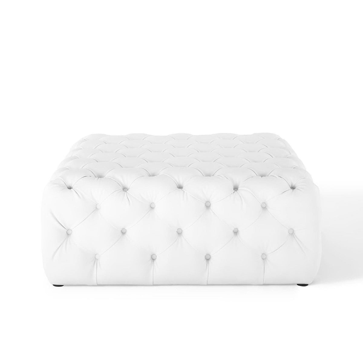 Amour White Tufted Button Large Square Faux Leather Ottoman - Ornate Home