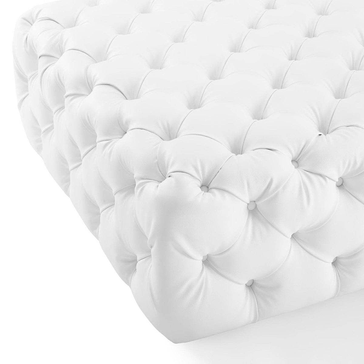 Amour White Tufted Button Large Square Faux Leather Ottoman - Ornate Home