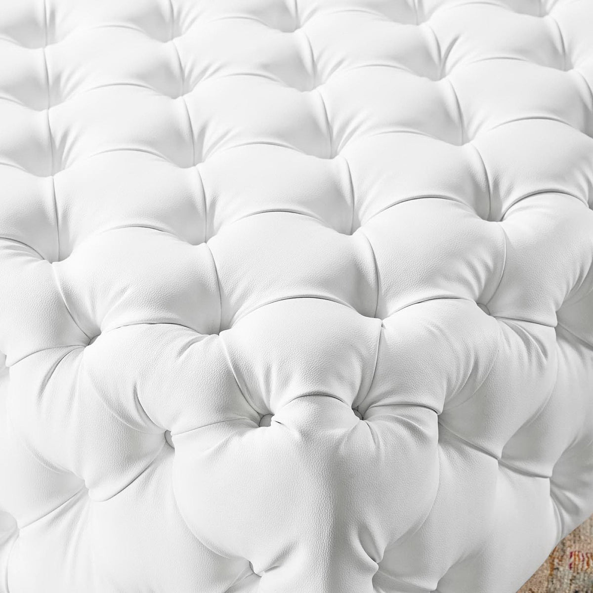 Amour White Tufted Button Large Square Faux Leather Ottoman - Ornate Home