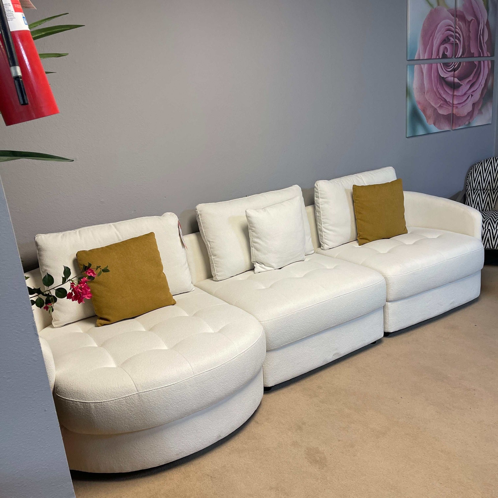 Anacapa 113" Ivory Teddy Sherpa Fabric Sofa, Mid Century Modern L-shape - Ornate Home