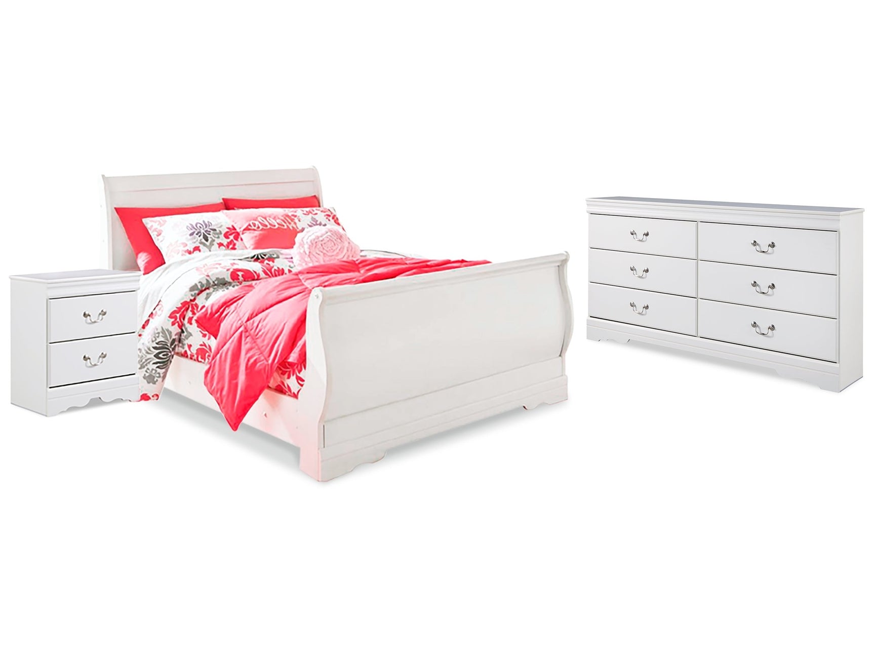 Anarasia White Full Sleigh Bedroom Set with Dresser and Nightstand (Online Special Price) - Ornate Home
