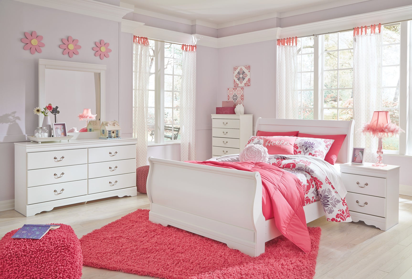 Anarasia White Full Sleigh Youth Bedroom Set with Dresser, Mirror, Chest and 2 Nightstands - Ornate Home