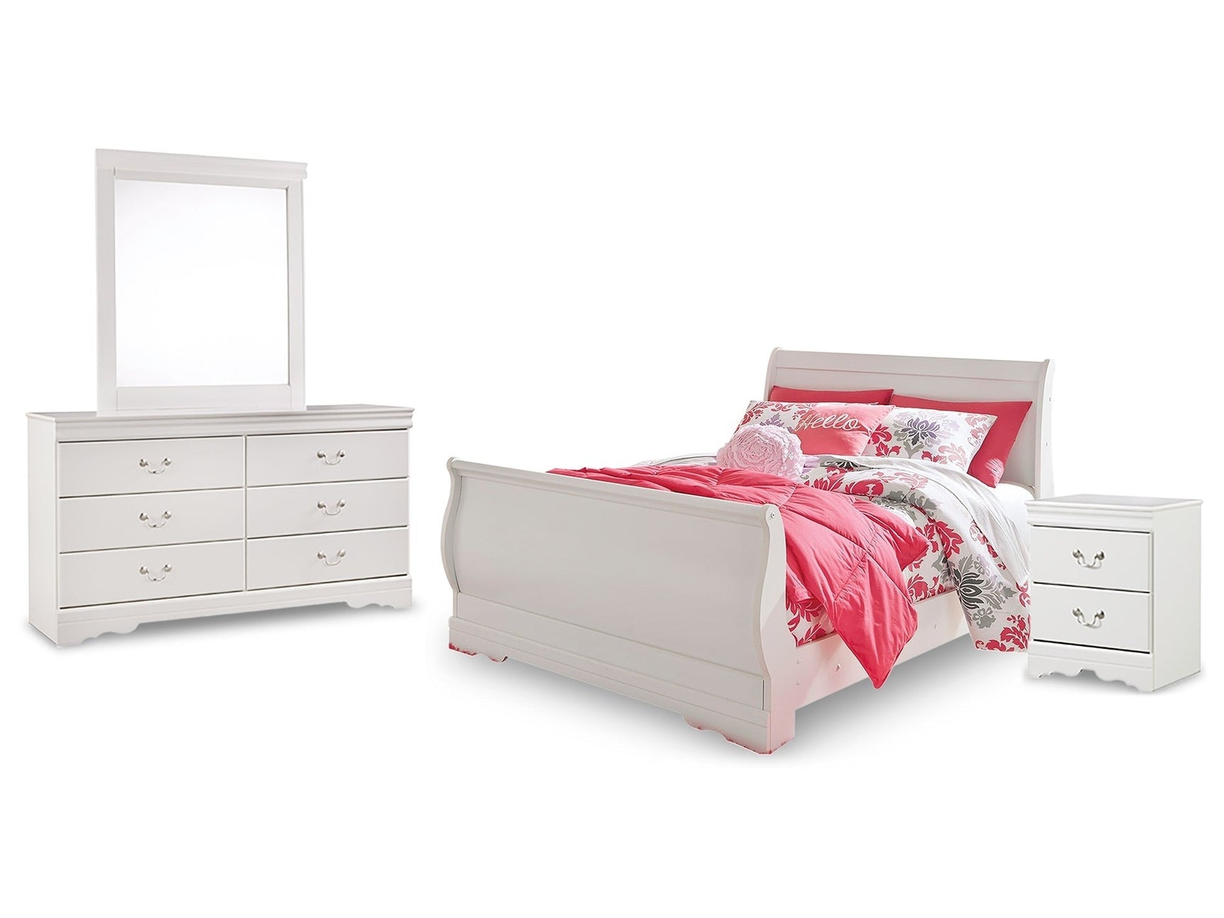 Anarasia White Full Sleigh Youth Bedroom Set with Dresser, Mirror and Nightstand - Ornate Home
