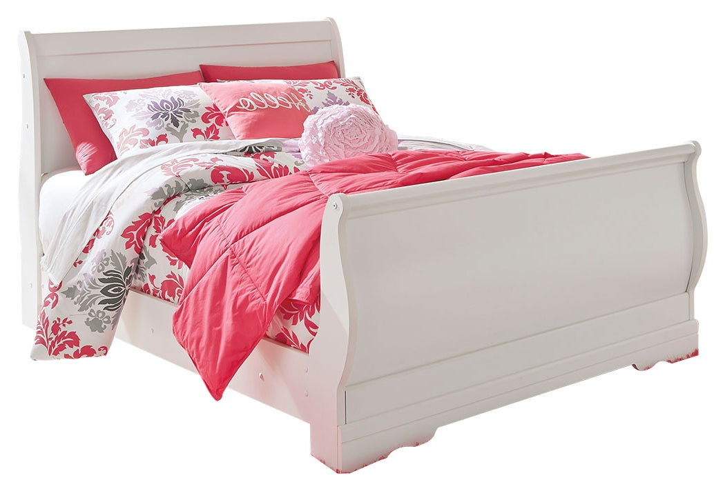 Anarasia White Full Sleigh Youth Bedroom Set with Dresser, Mirror and Nightstand - Ornate Home