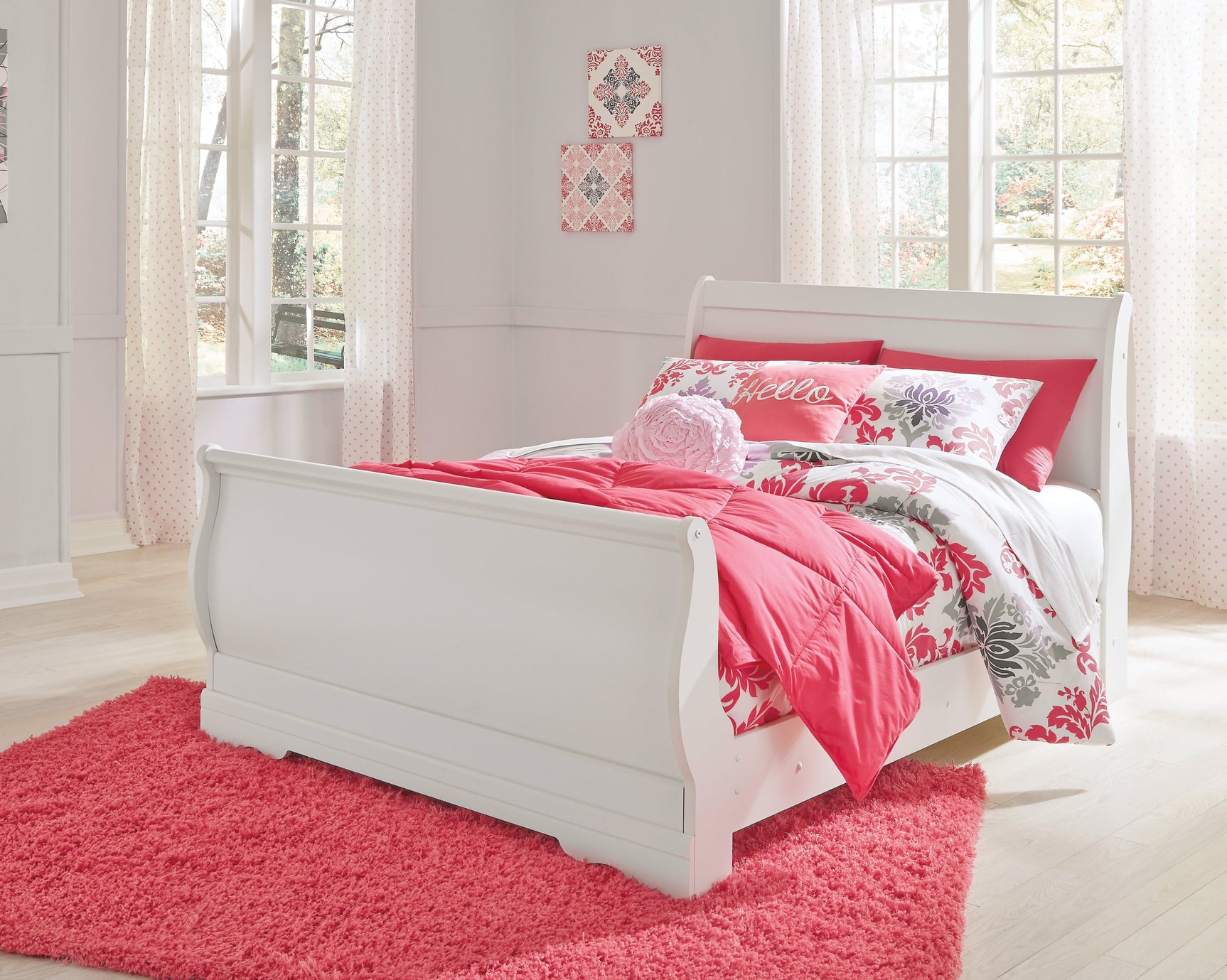 Anarasia White Full Sleigh Youth Bedroom Set with Dresser and Nightstand - Ornate Home
