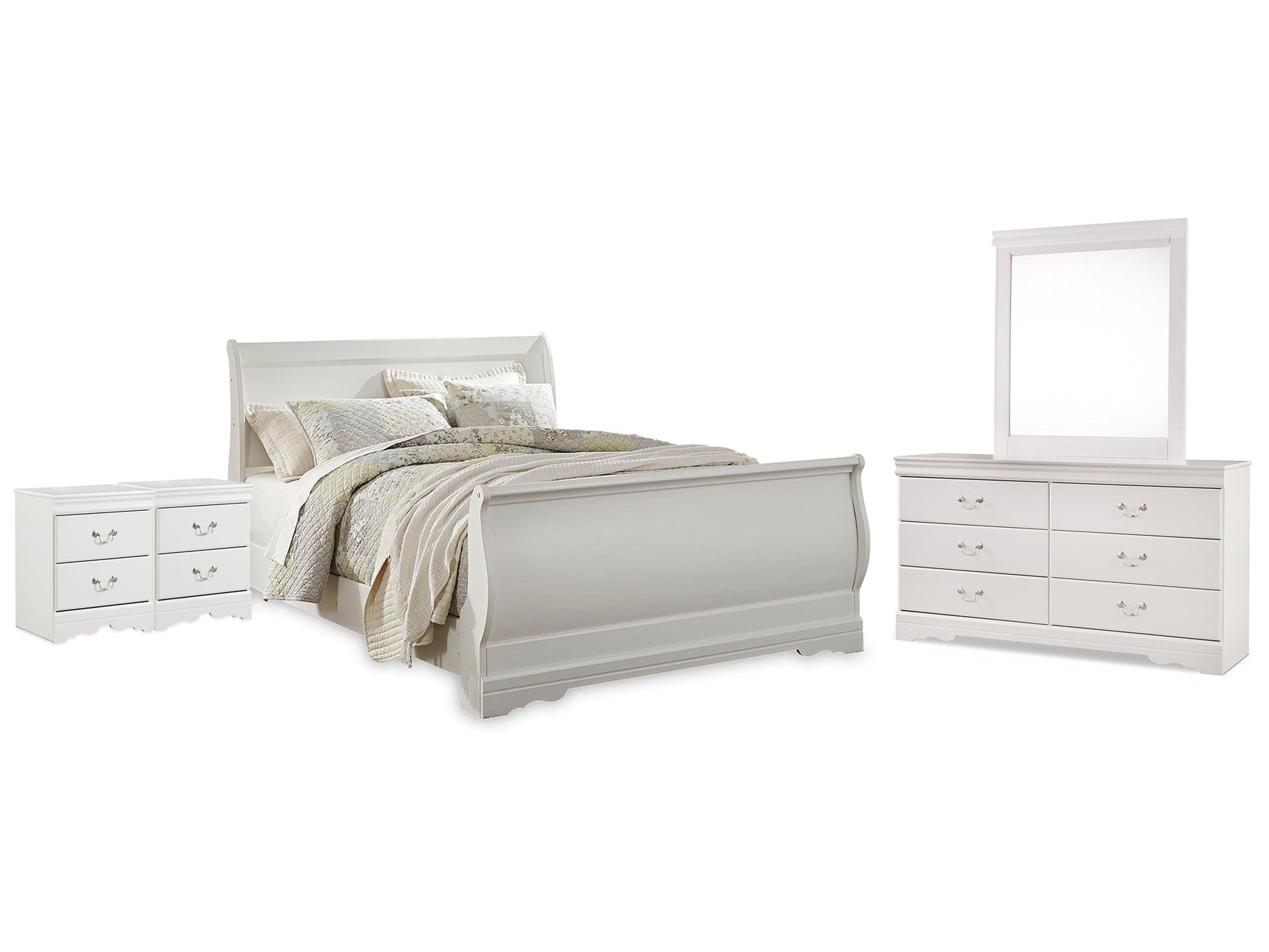 Anarasia White Queen Sleigh Bedroom Set with Dresser, Mirror and 2 Nightstands (Online Special Price) - Ornate Home