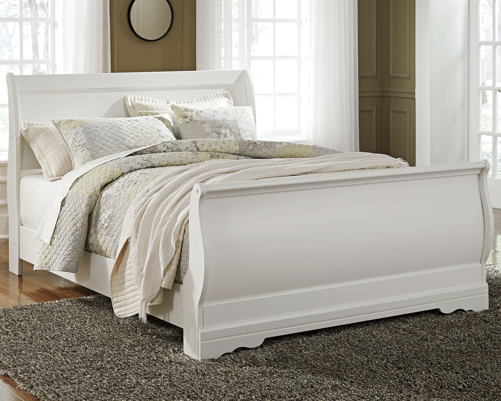 Anarasia White Queen Sleigh Bedroom Set with Dresser, Mirror and Nightstand - Ornate Home