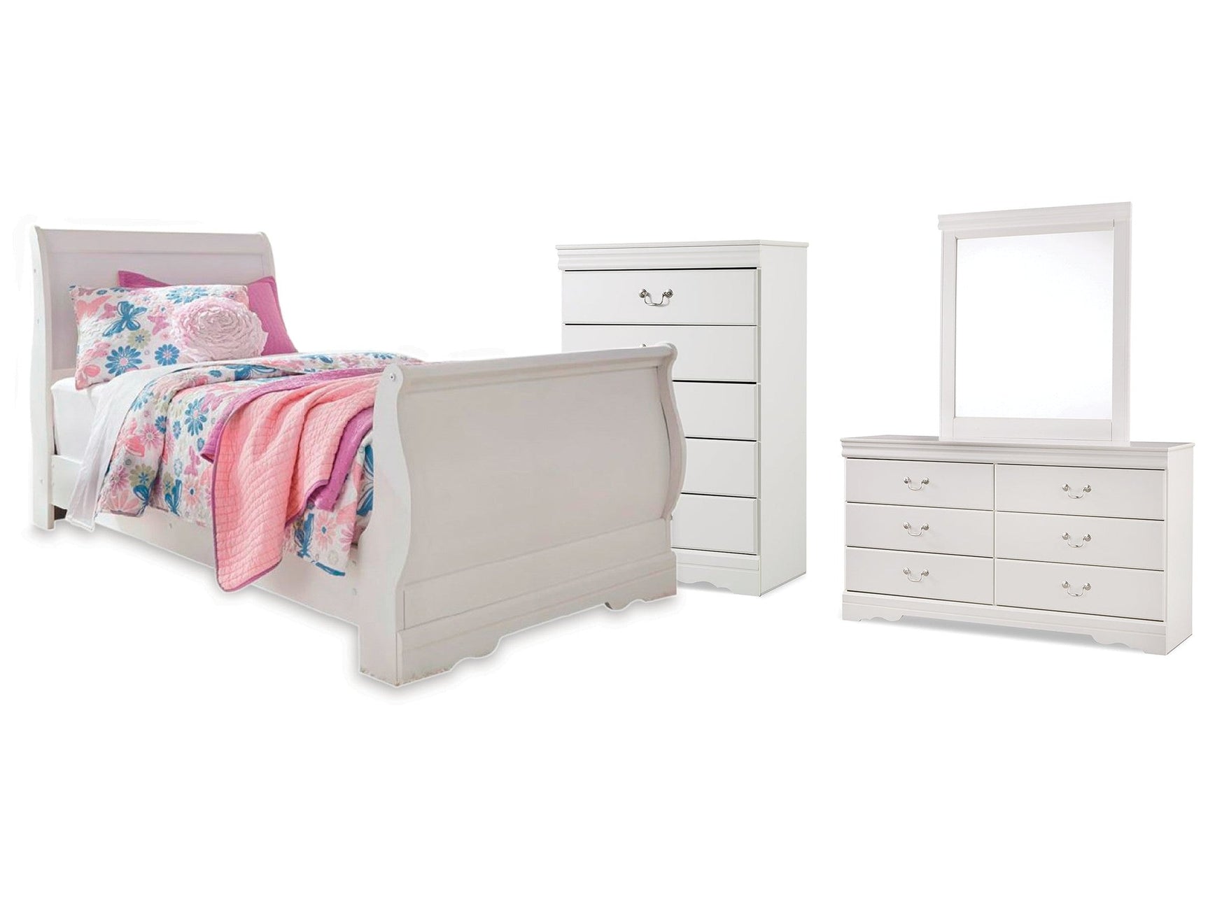 Anarasia White Twin Sleigh Bed & Dresser & Mirror & Chest (Online Special Price) - Ornate Home
