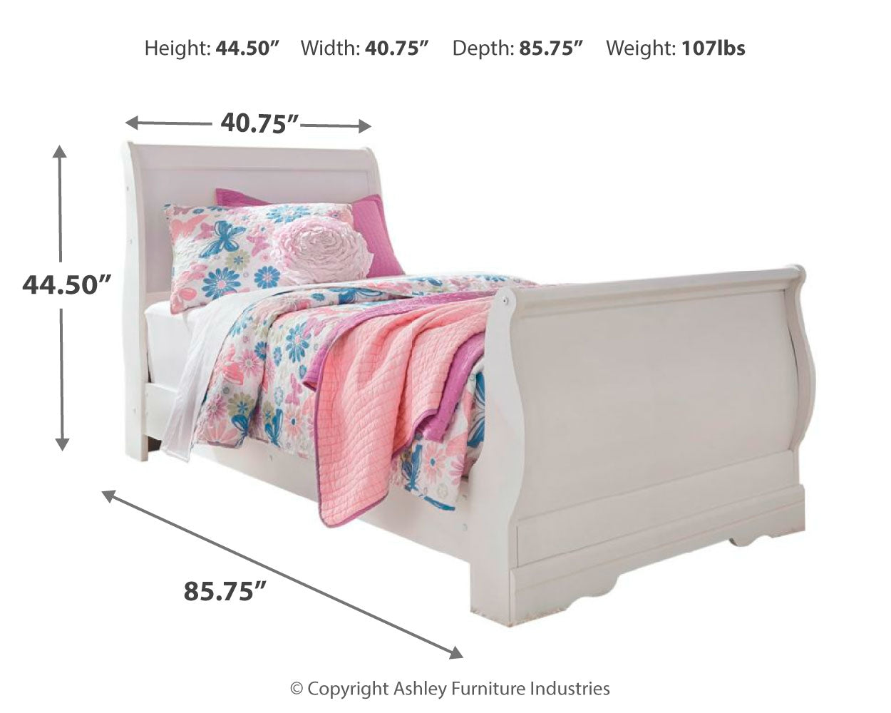 Anarasia White Twin Sleigh Bedroom Set with Dresser, Mirror, Chest and Nightstand - Ornate Home