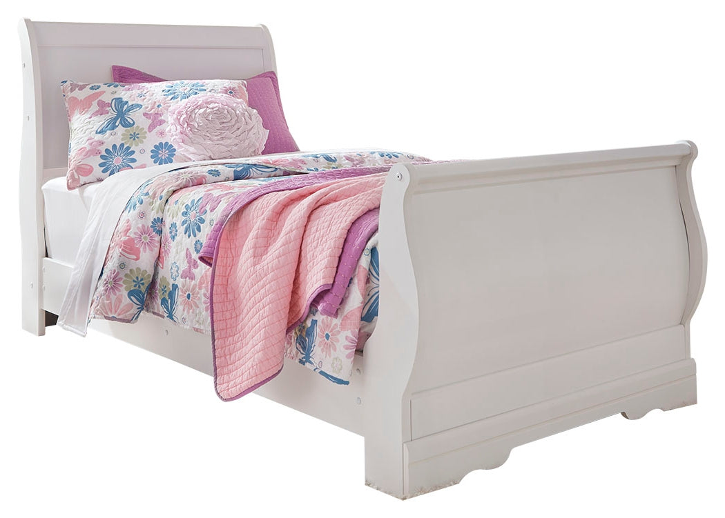 Anarasia White Twin Sleigh Bedroom Set with Dresser, Mirror, Chest and Nightstand - Ornate Home