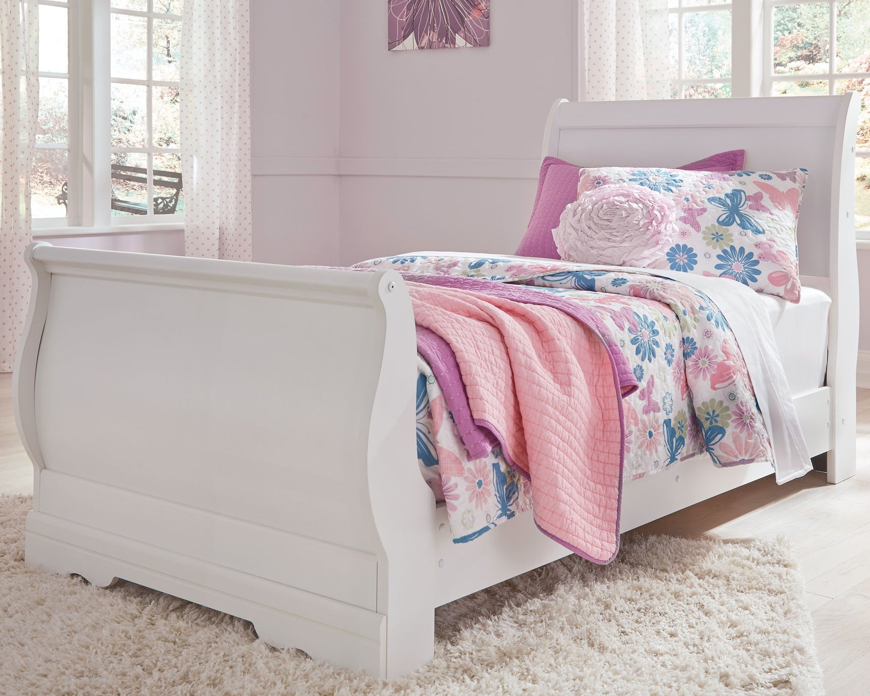 Anarasia White Twin Sleigh Bedroom Set with Dresser, Mirror, Chest and Nightstand - Ornate Home