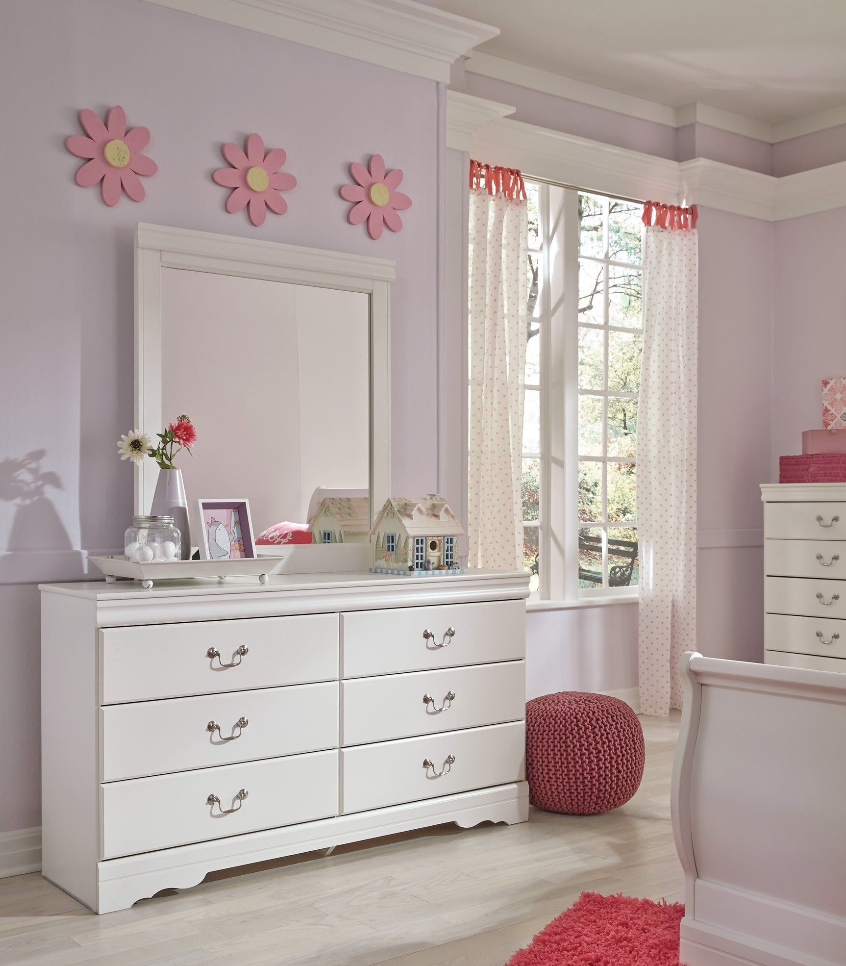 Anarasia White Twin Sleigh Bedroom Set with Dresser, Mirror, Chest and 2 Nightstands - Ornate Home