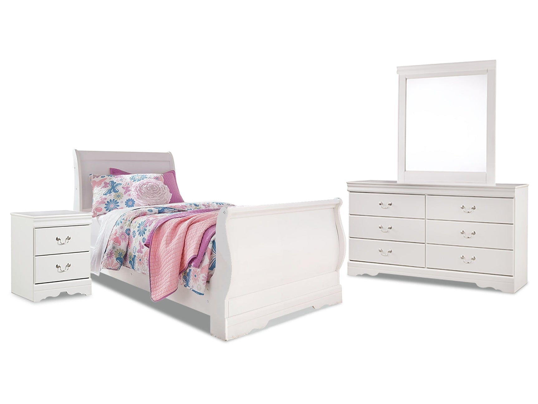 Anarasia White Twin Sleigh Bedroom Set with Dresser, Mirror and Nightstand (Online Special Price) - Ornate Home