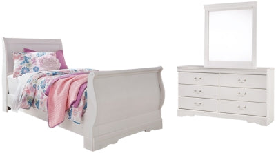 Anarasia White Twin Sleigh Bedroom Set with Dresser and Mirror - Ornate Home