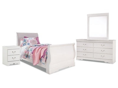 Anarasia White Twin Sleigh Youth Bedroom Set w/Dresser & Mirrror, Nightstand - Ornate Home