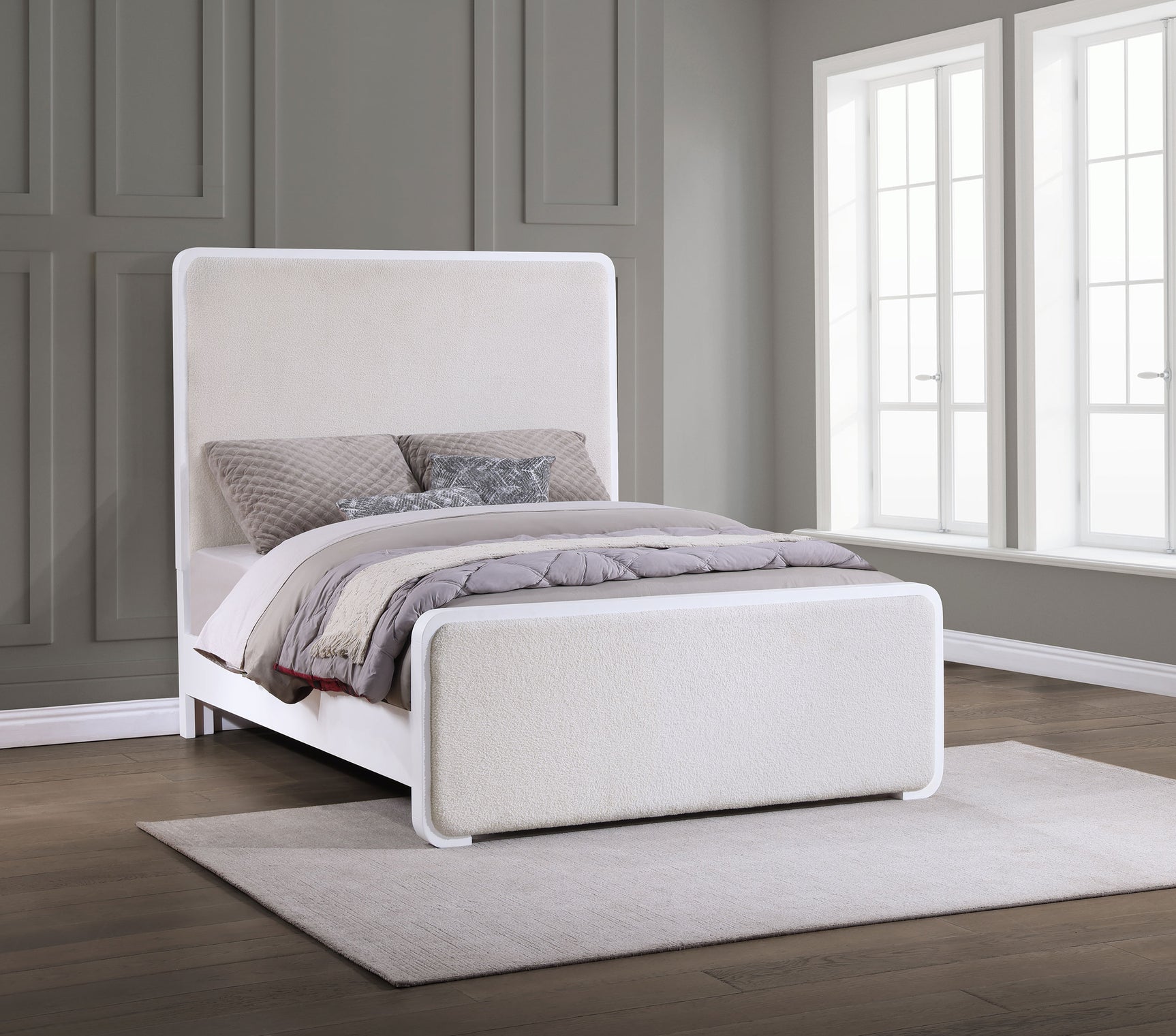 Anastasia Pearl White Eastern King Upholstered Panel Bed - Ornate Home
