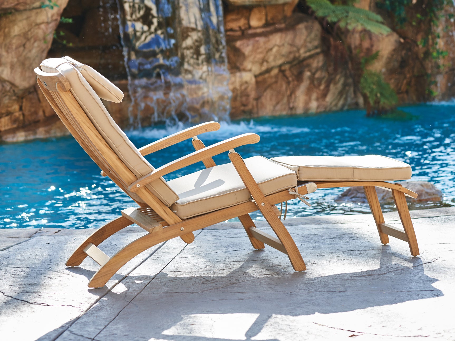 Anders Teak Antique Beige Outdoor Folding Lounge Deck Chair with Sunbrella® Cushion - Ornate Home