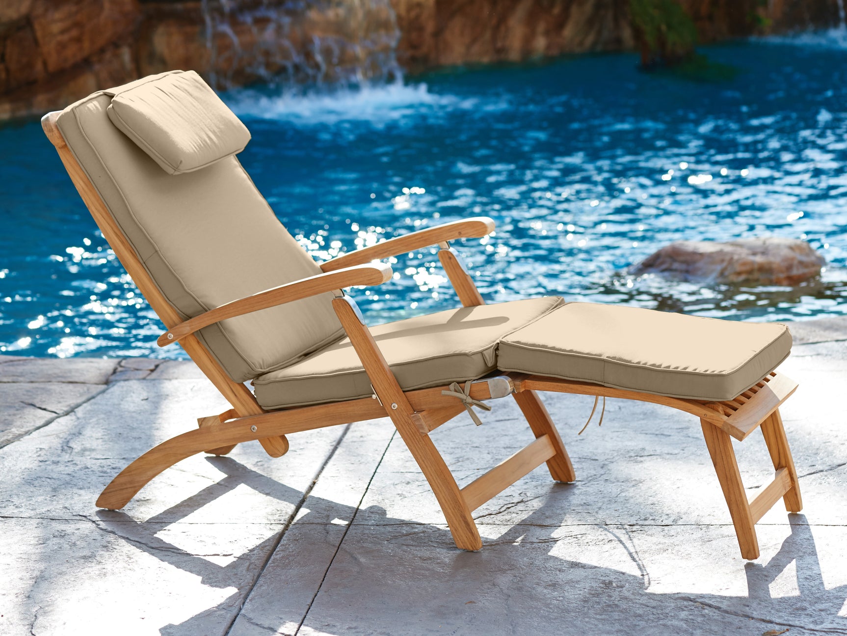 Anders Teak Fawn Outdoor Folding Lounge Deck Chair with Sunbrella® Cushion - Ornate Home