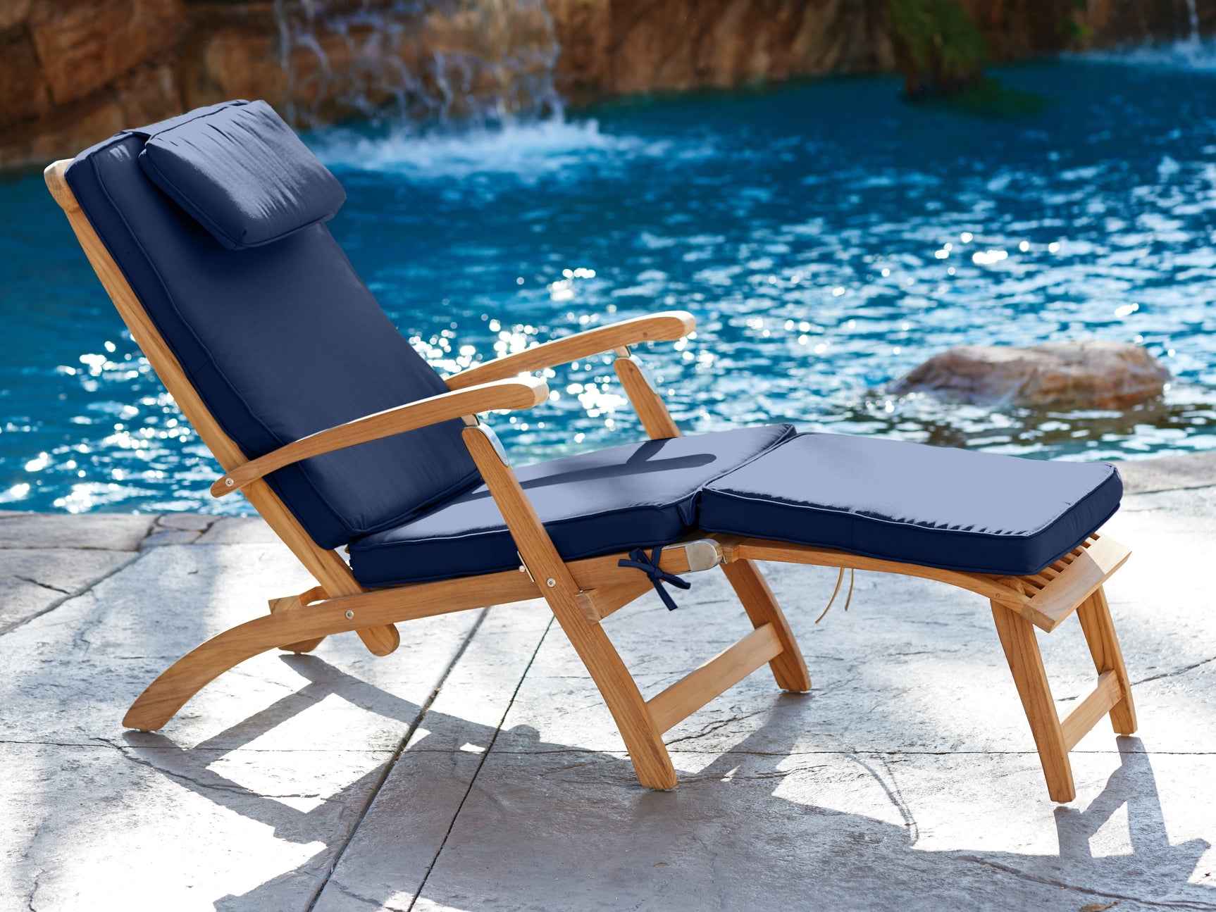 Anders Teak Navy Outdoor Folding Lounge Deck Chair with Sunbrella® Cushion - Ornate Home