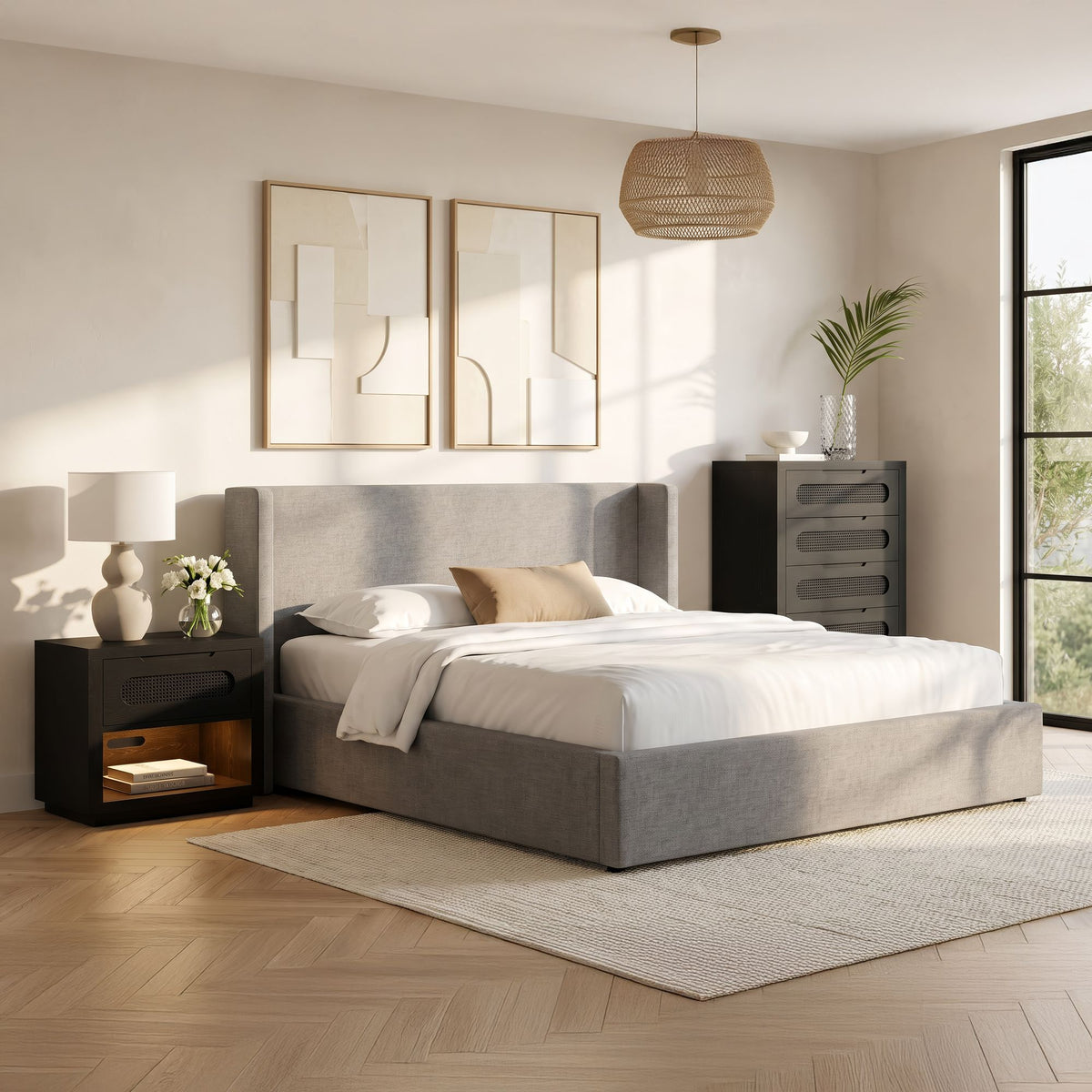 Angeline Grey Fabric King Non-Storage Bed - Ornate Home