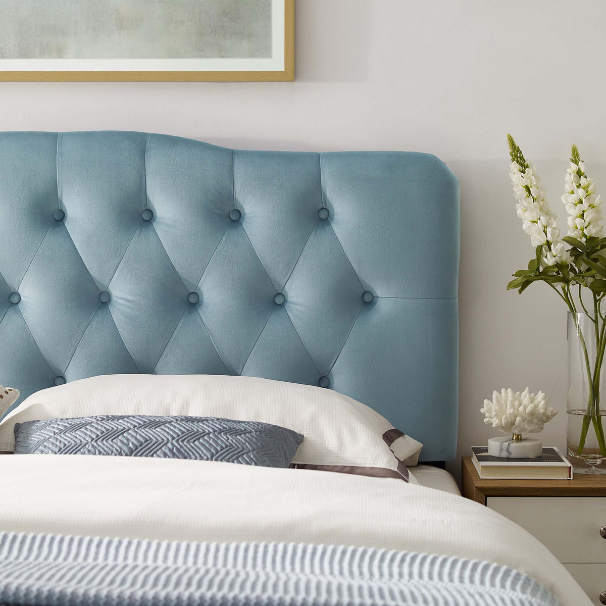 Annabel Light Blue Diamond Tufted Performance Velvet King Headboard - Ornate Home