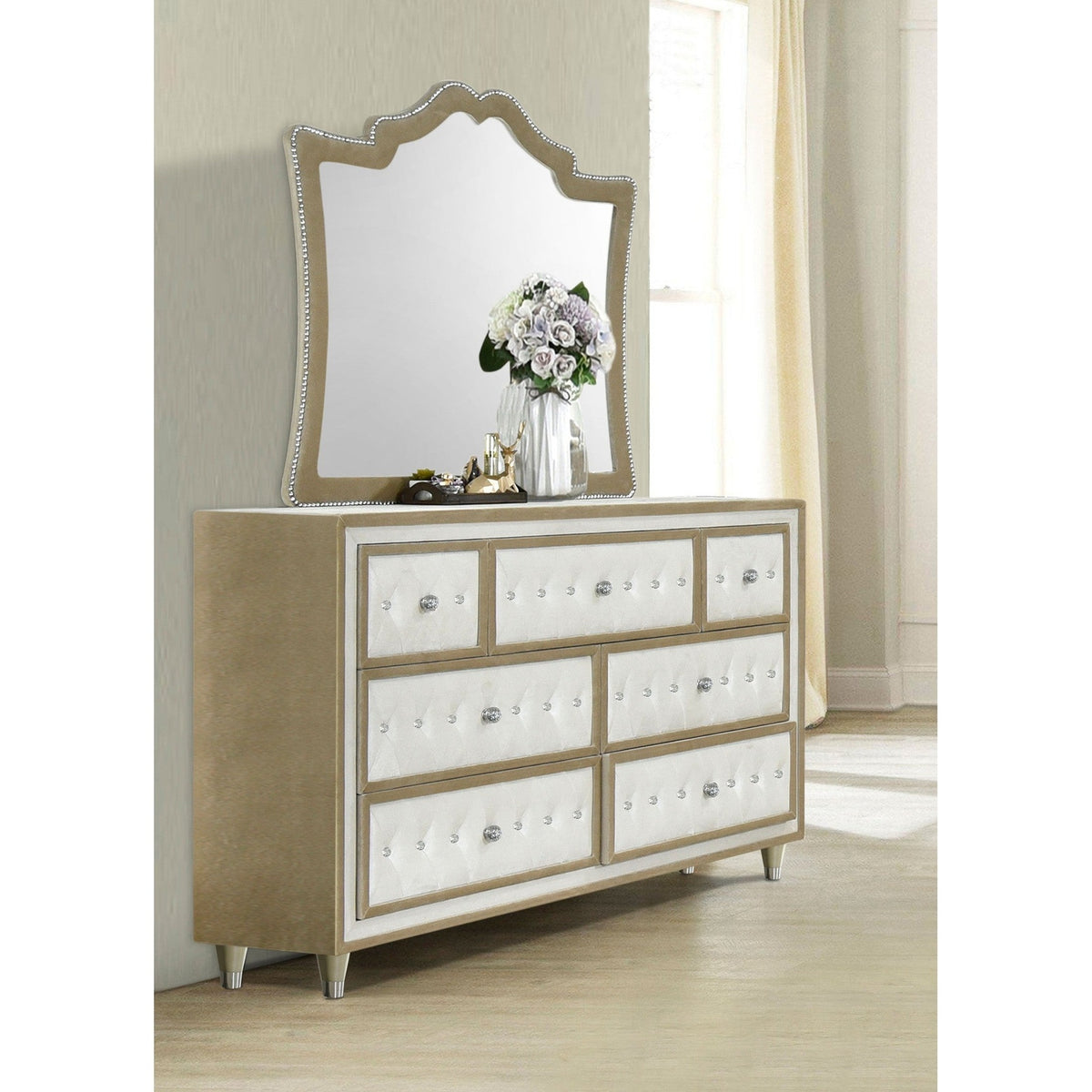 Antonella 7-Drawer Upholstered Dresser with Mirror Ivory