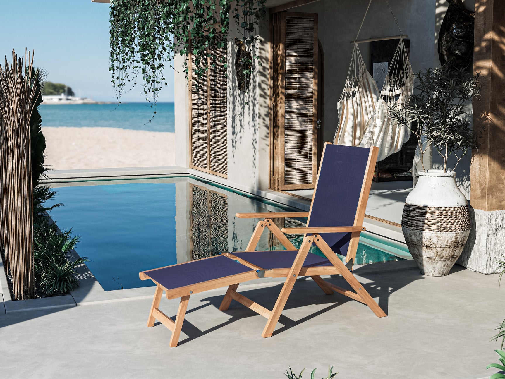 Aquitania Teak Blue Outdoor Folding Lounge Deck Chair - Ornate Home