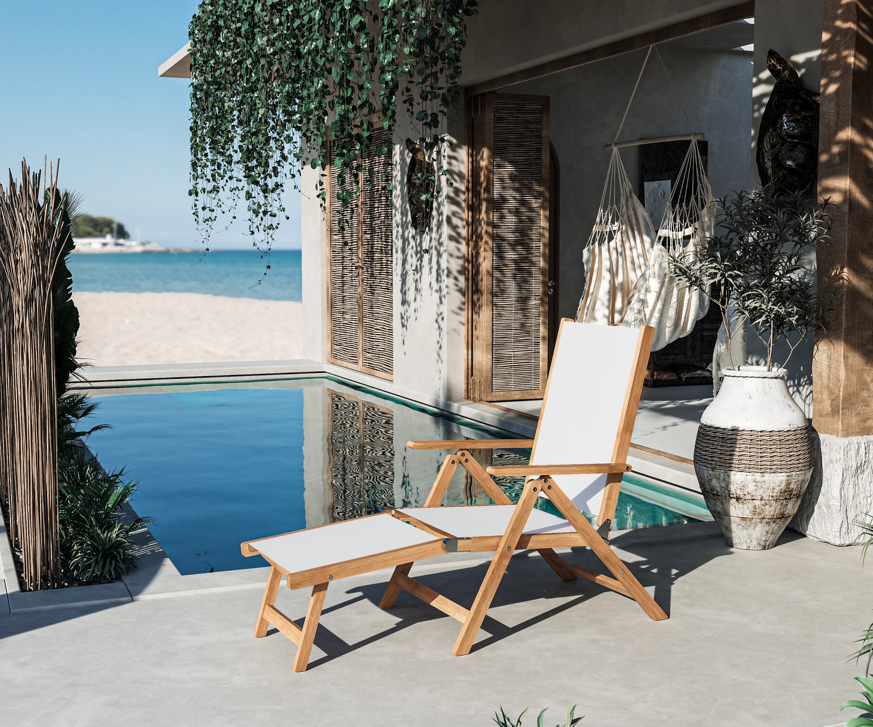 Aquitania Teak White Outdoor Folding Lounge Deck Chair - Ornate Home