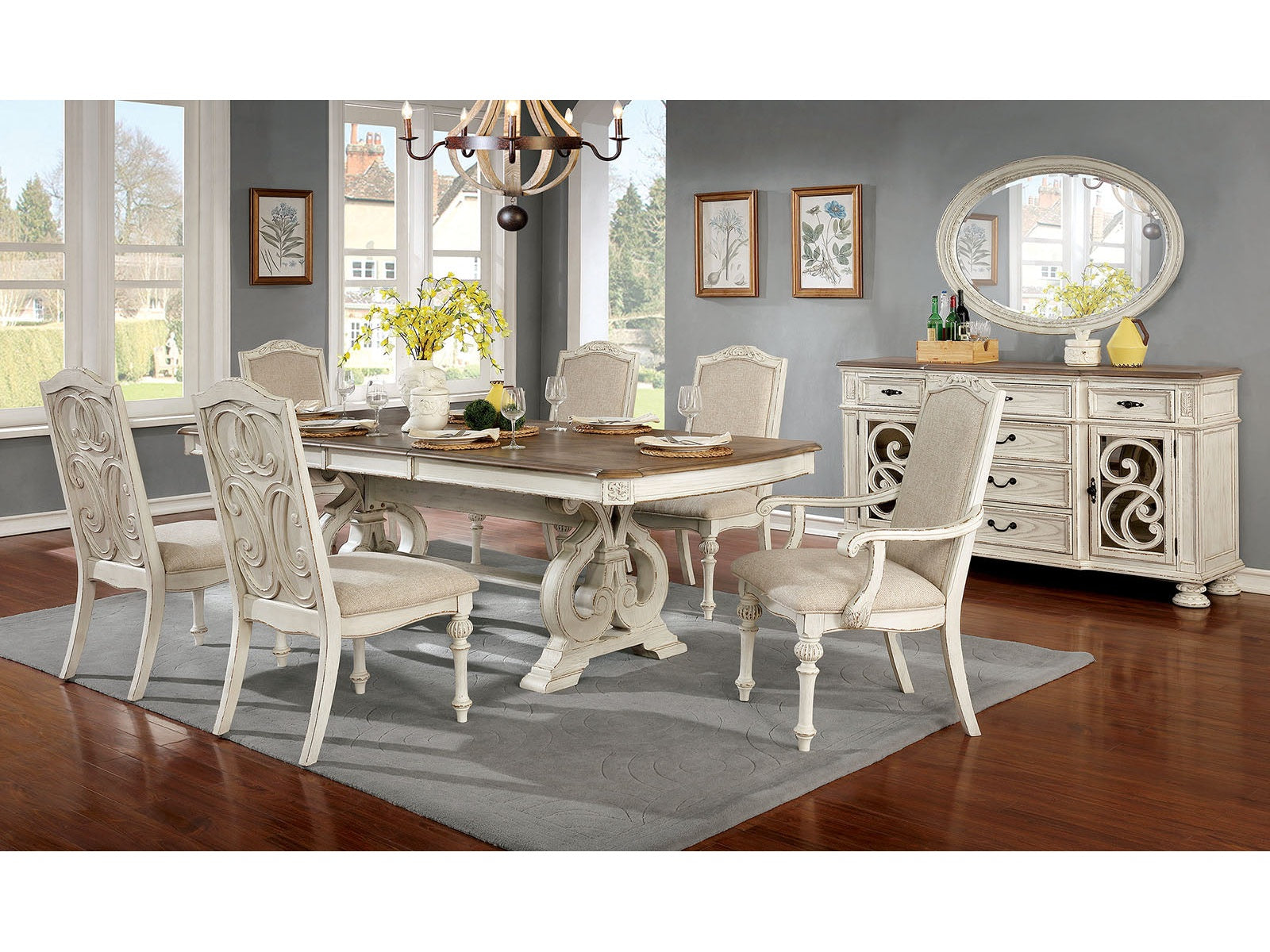 Arcadia Antique White 7 Pc. Dining Room Set - Ornate Home