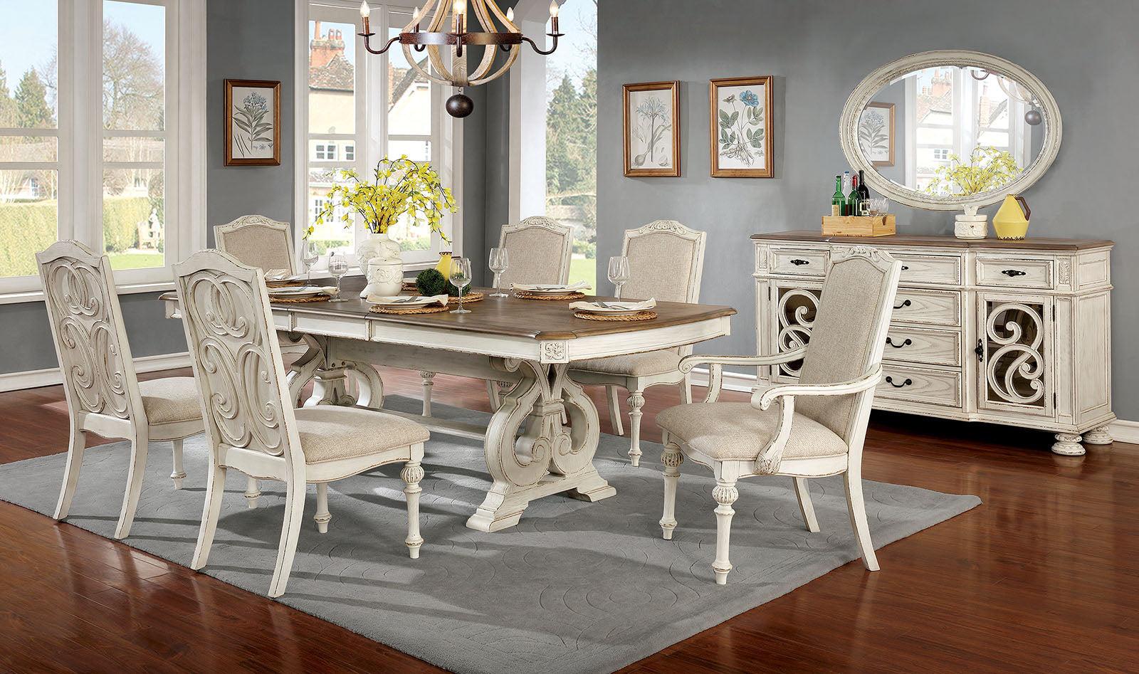 Arcadia Antique White 9 Pc. Dining Room Set - Ornate Home