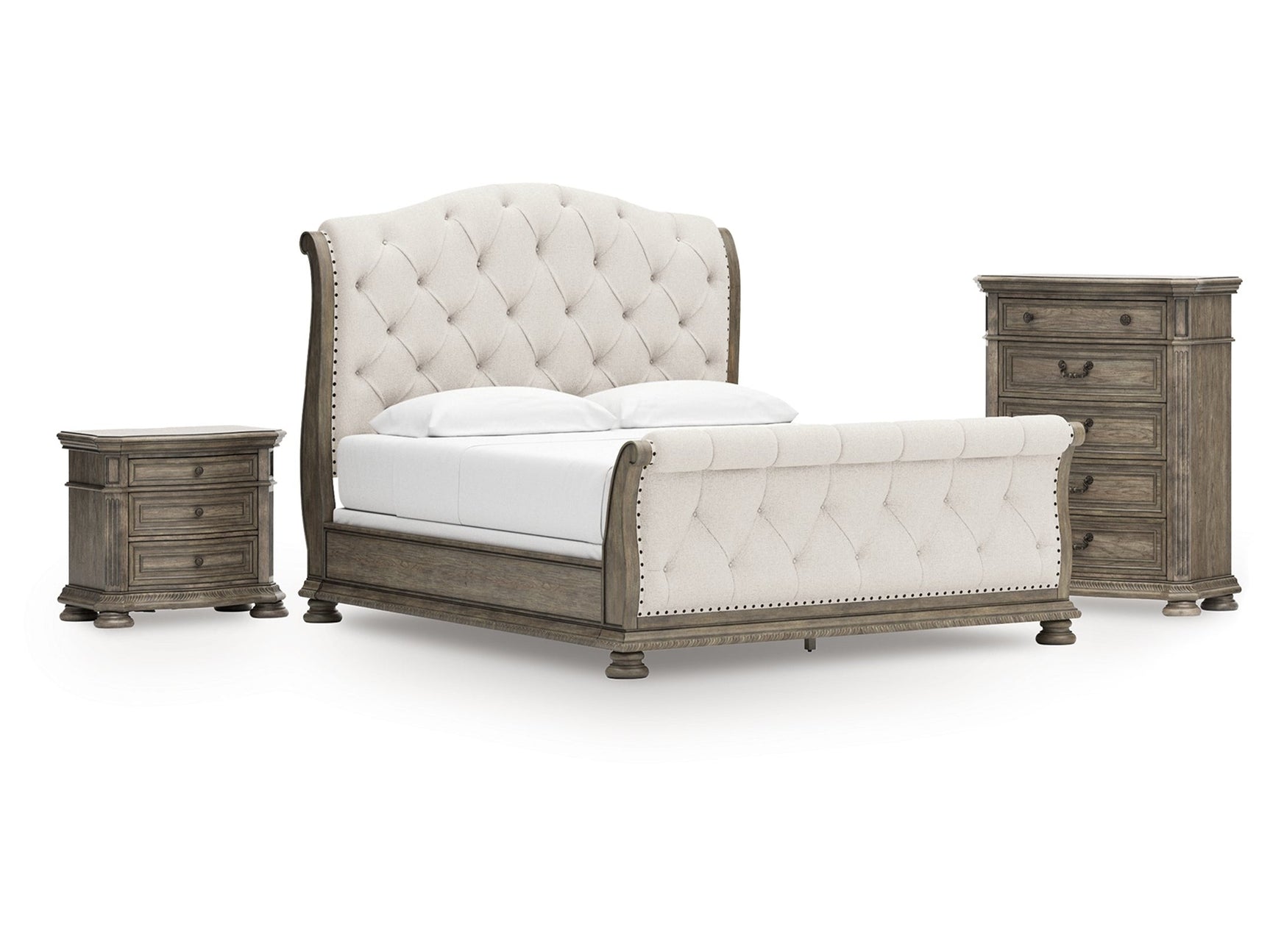 Ardenfield Light Brown California King Sleigh Bedroom Set with Chest and Nightstand - Ornate Home