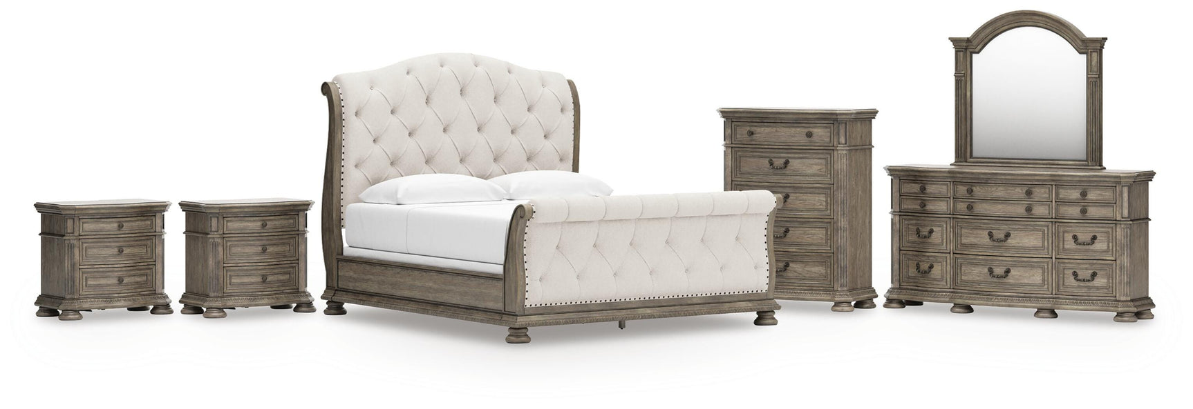 Ardenfield Light Brown King Upholstered Sleigh Bed, Dresser, Mirror, Chest and 2 Nightstands - Ornate Home