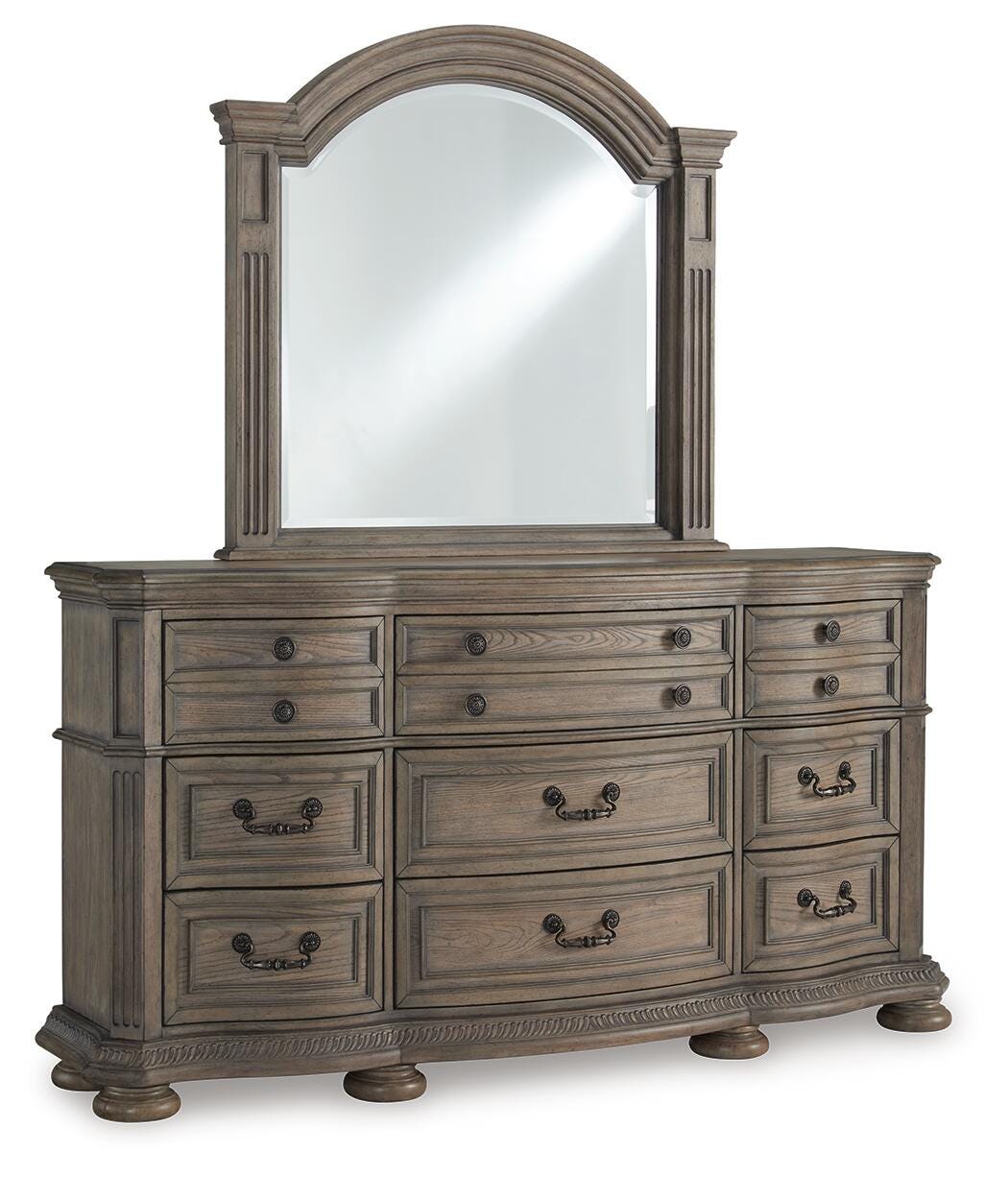 Ardenfield Light Brown King Upholstered Sleigh Bed, Dresser, Mirror, Chest and 2 Nightstands - Ornate Home