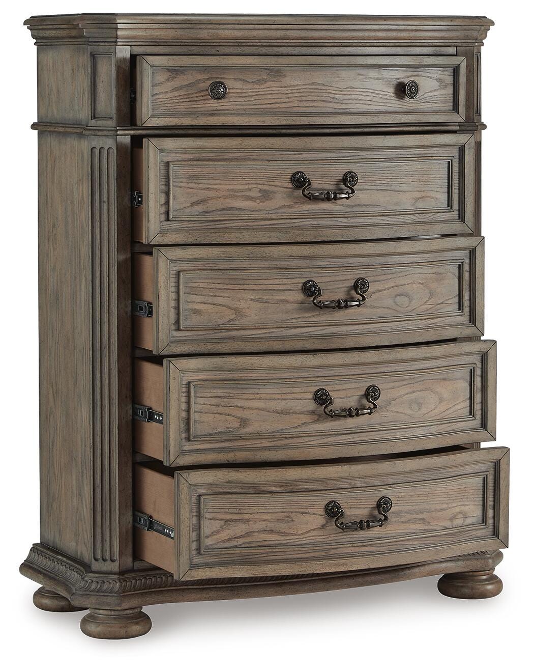 Ardenfield Light Brown King Upholstered Sleigh Bed, Dresser, Mirror, Chest and 2 Nightstands - Ornate Home