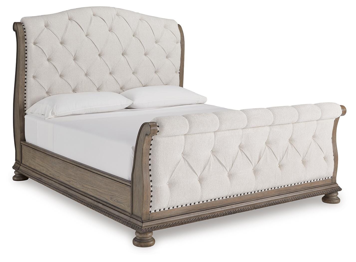 Ardenfield Light Brown King Upholstered Sleigh Bed, Dresser, Mirror, Chest and 2 Nightstands - Ornate Home