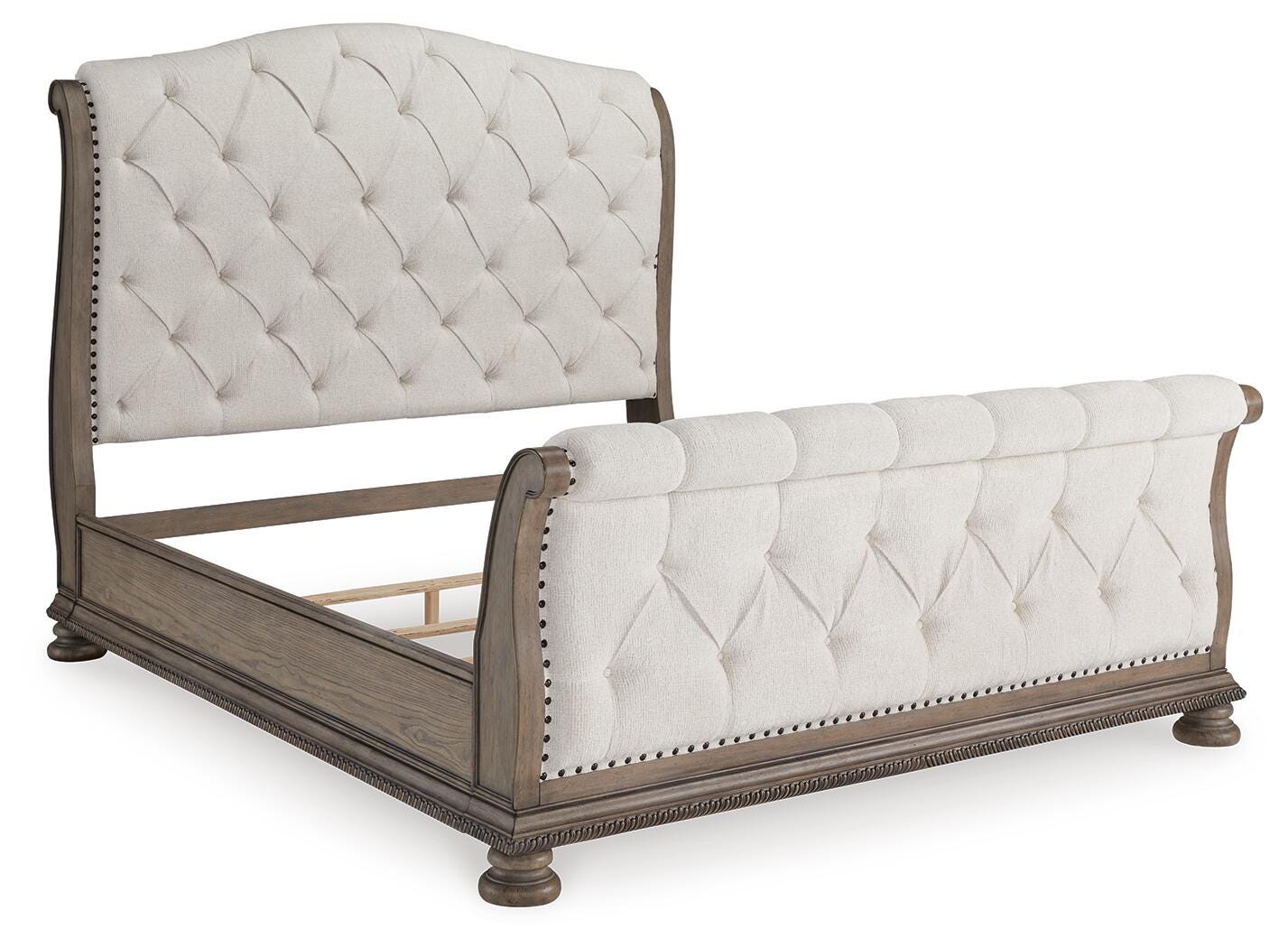 Ardenfield Light Brown King Upholstered Sleigh Bed, Dresser, Mirror, Chest and 2 Nightstands - Ornate Home