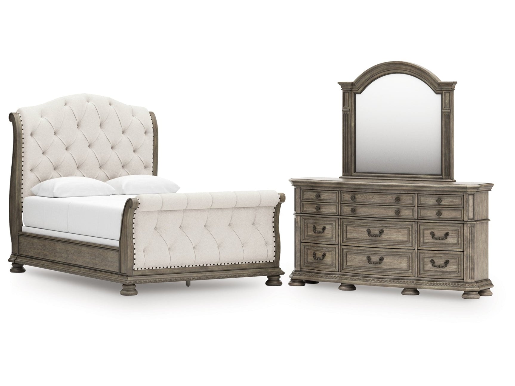 Ardenfield Light Brown Queen Upholstered Sleigh Bed, Dresser and Mirror (Online Special Price) - Ornate Home