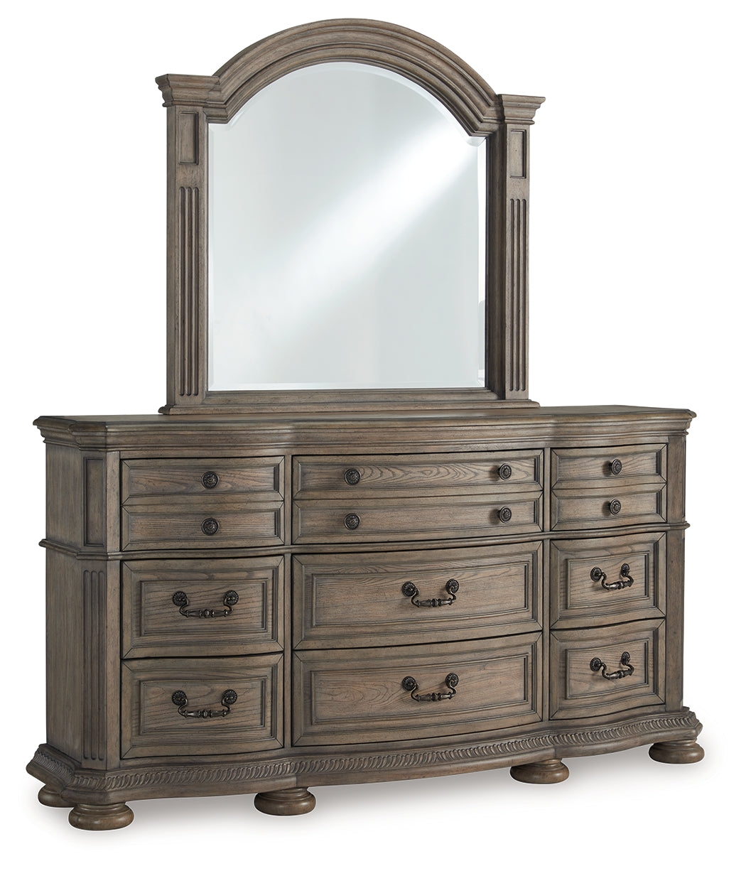 Ardenfield Light Brown Queen Upholstered Sleigh Bed, Dresser and Mirror (Online Special Price) - Ornate Home