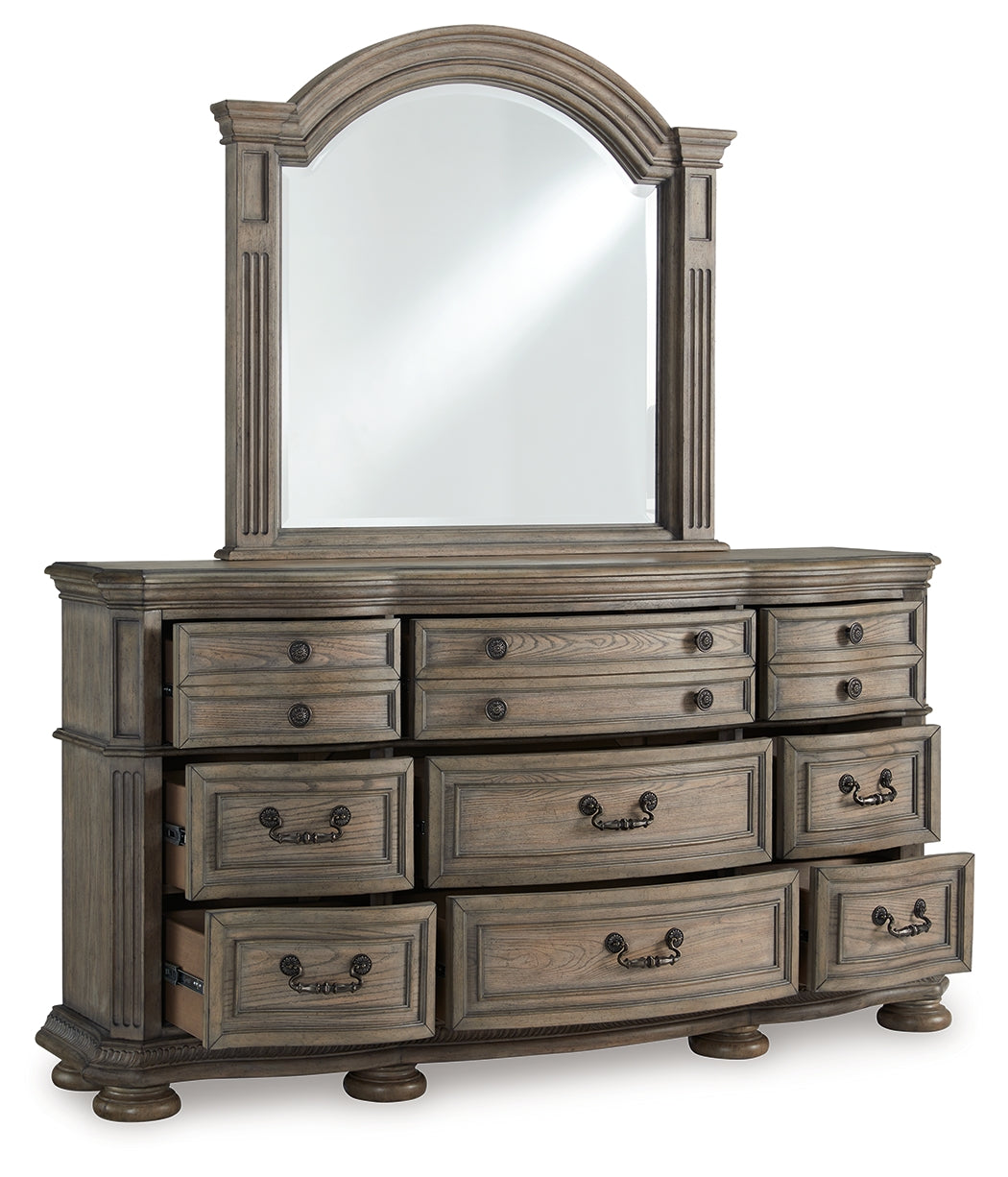 Ardenfield Light Brown Queen Upholstered Sleigh Bed, Dresser and Mirror (Online Special Price) - Ornate Home