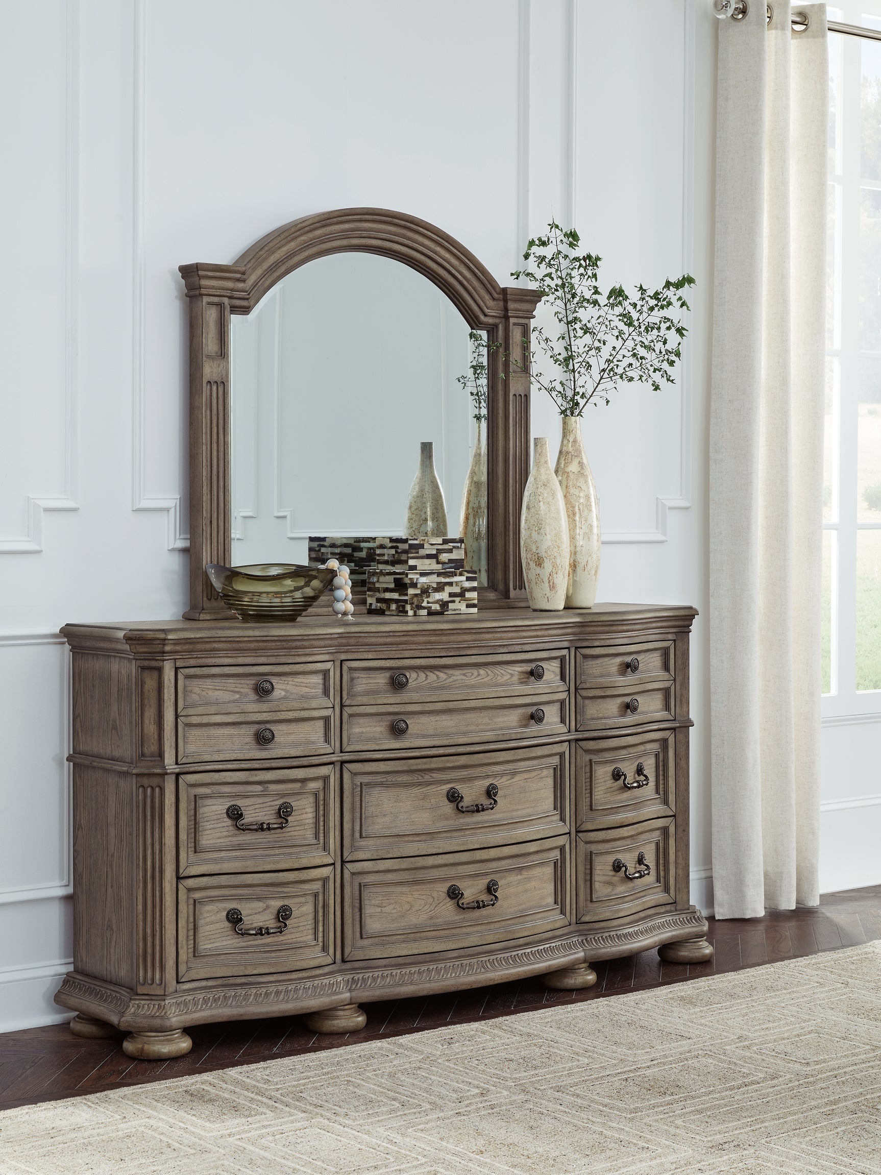Ardenfield Light Brown Queen Upholstered Sleigh Bed, Dresser and Mirror (Online Special Price) - Ornate Home