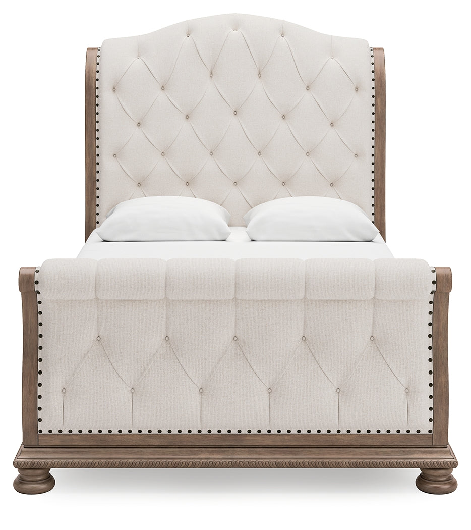 Ardenfield Light Brown Queen Upholstered Sleigh Bed, Dresser and Mirror - Ornate Home