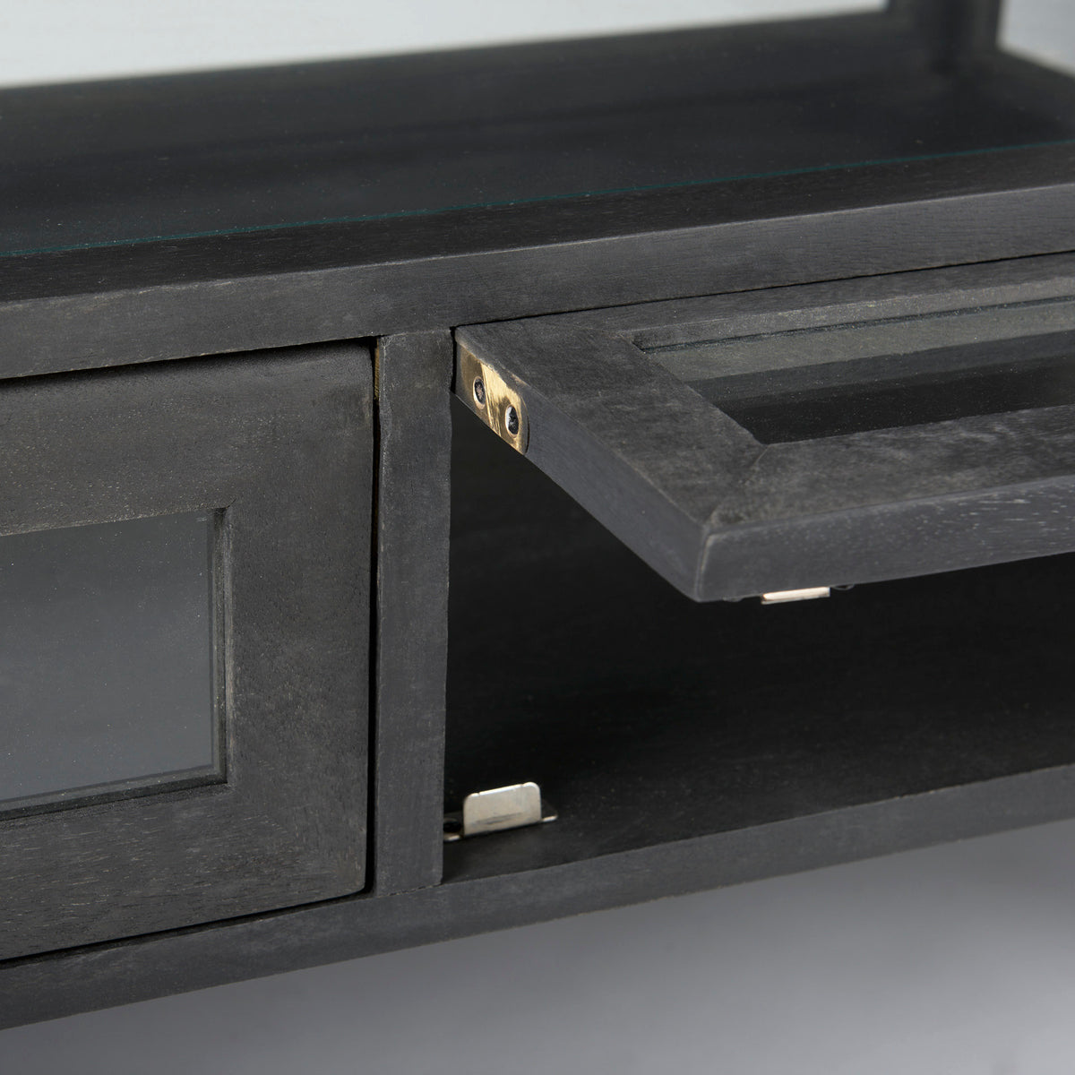 Arelius Black-Brown/Black Rectangular Glass-Top Wood Display Coffee Table - Ornate Home