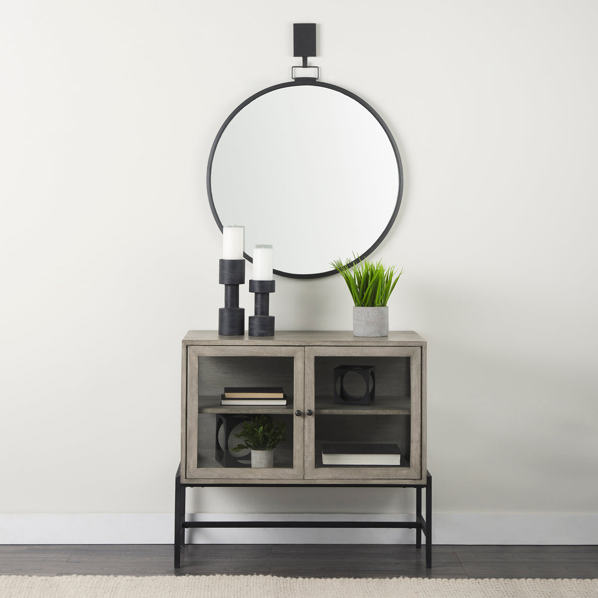Arelius Gray/Black Wood, Metal Base with 2 Glass Doors Accent Cabinet - Ornate Home