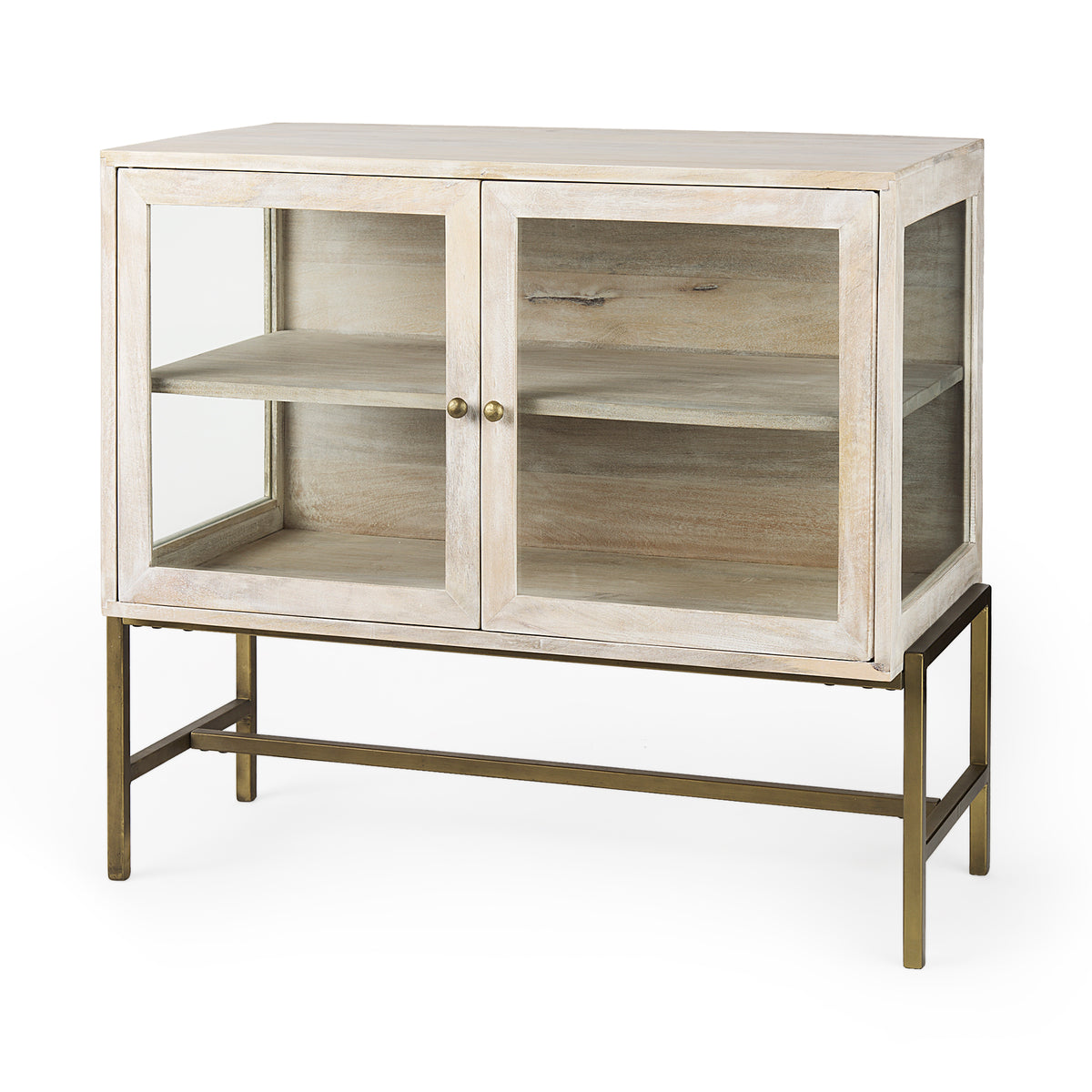 Arelius White/Gold Wood, Metal Base with 2 Glass Doors Accent Cabinet - Ornate Home