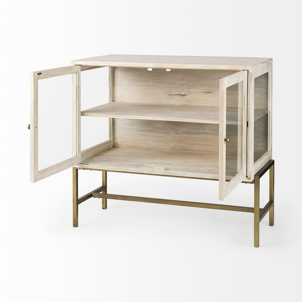 Arelius White/Gold Wood, Metal Base with 2 Glass Doors Accent Cabinet - Ornate Home