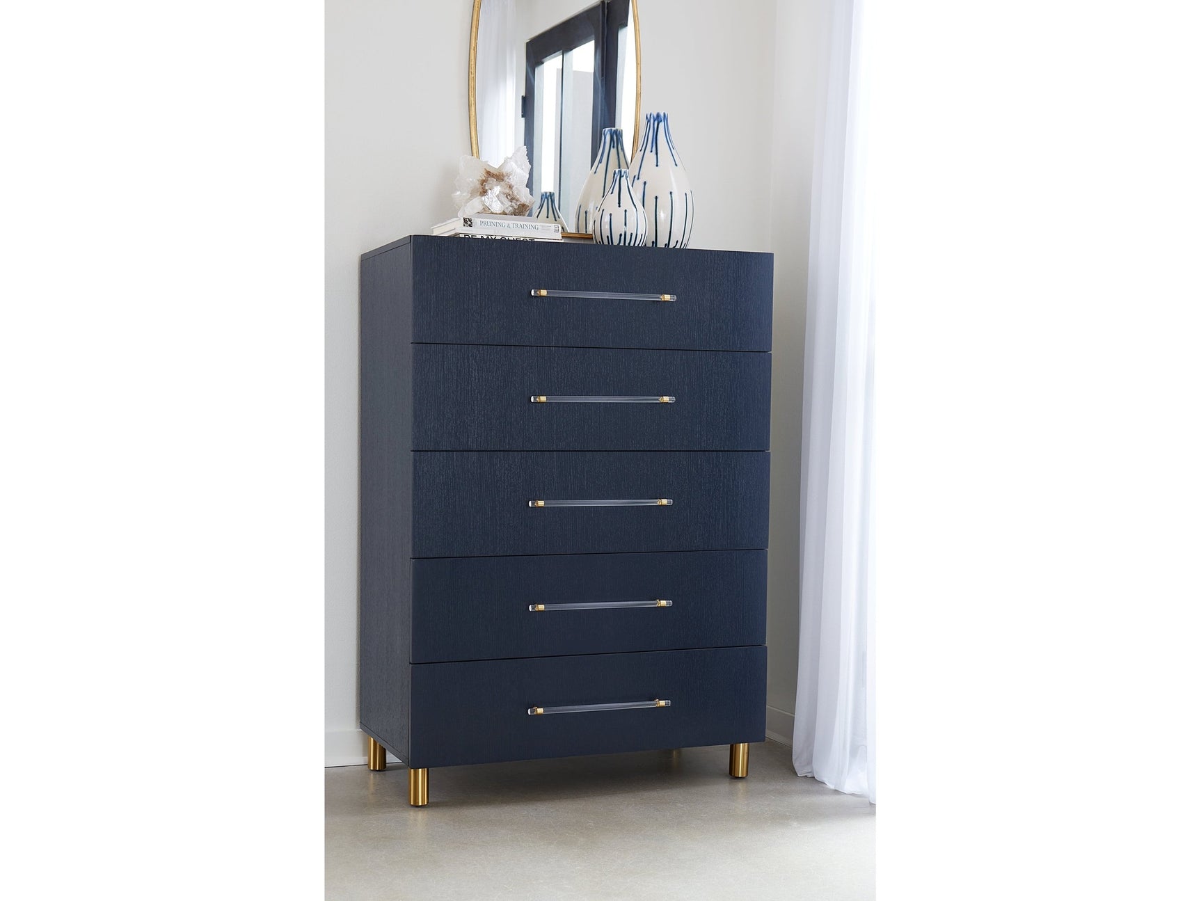 Argento Five Drawer Chest in Navy Blue and Burnished Brass - Ornate Home