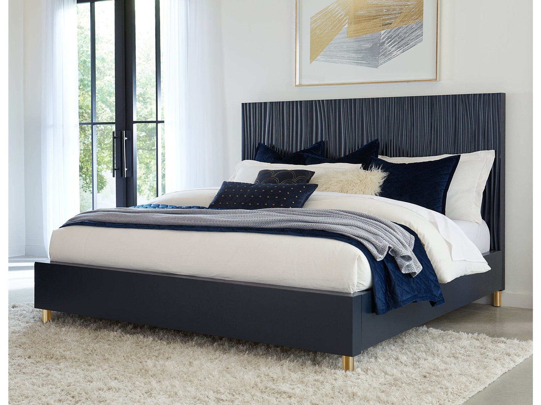 Argento Wave-Patterned Full Bed in Navy Blue and Burnished Brass - Ornate Home